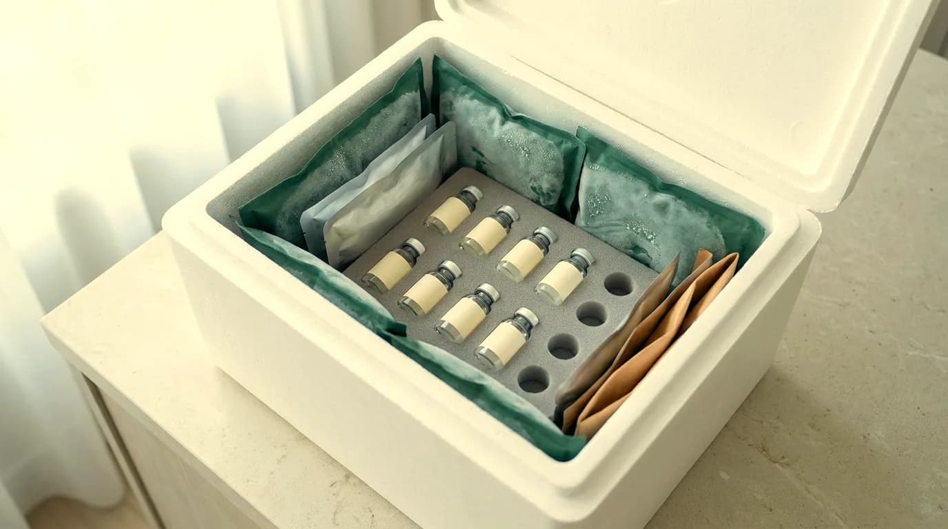 Insulated shipping carton packed with cold packs and labeled medication boxes